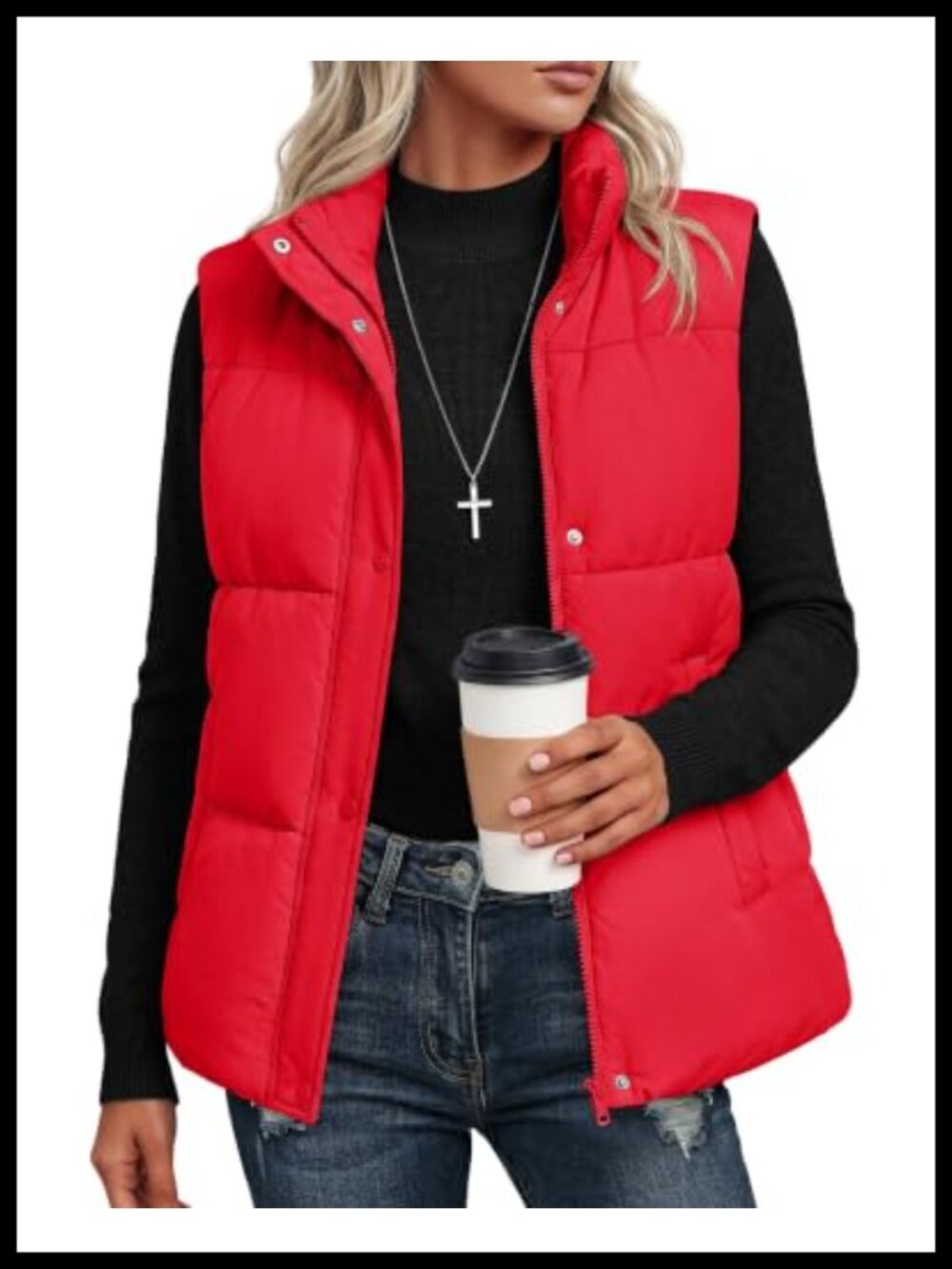 Warm Quilted Puffer Vest with Pockets Stand Collar Zip Up